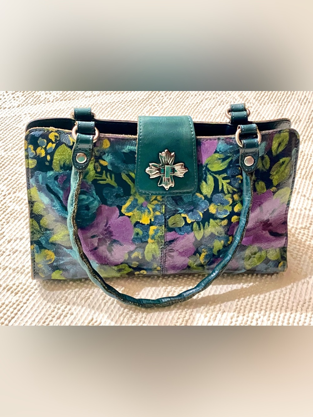 Patricia Nash Leather Satchel Purse Deep Blue Nature Floral Printed Accents